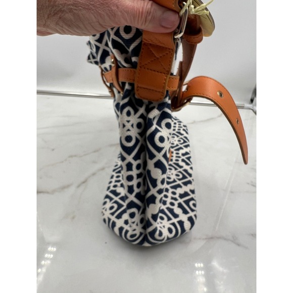 Spartina 449 Navy White Geometric Linen Leather Shoulder Bag Navy White Orange - Picture 3 of 16